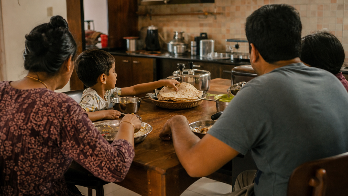 A family of four at a dinner table seen from behind the parents, a child reaching for a roti, steel plates and a pressure cooker on the table, warm kitchen light.