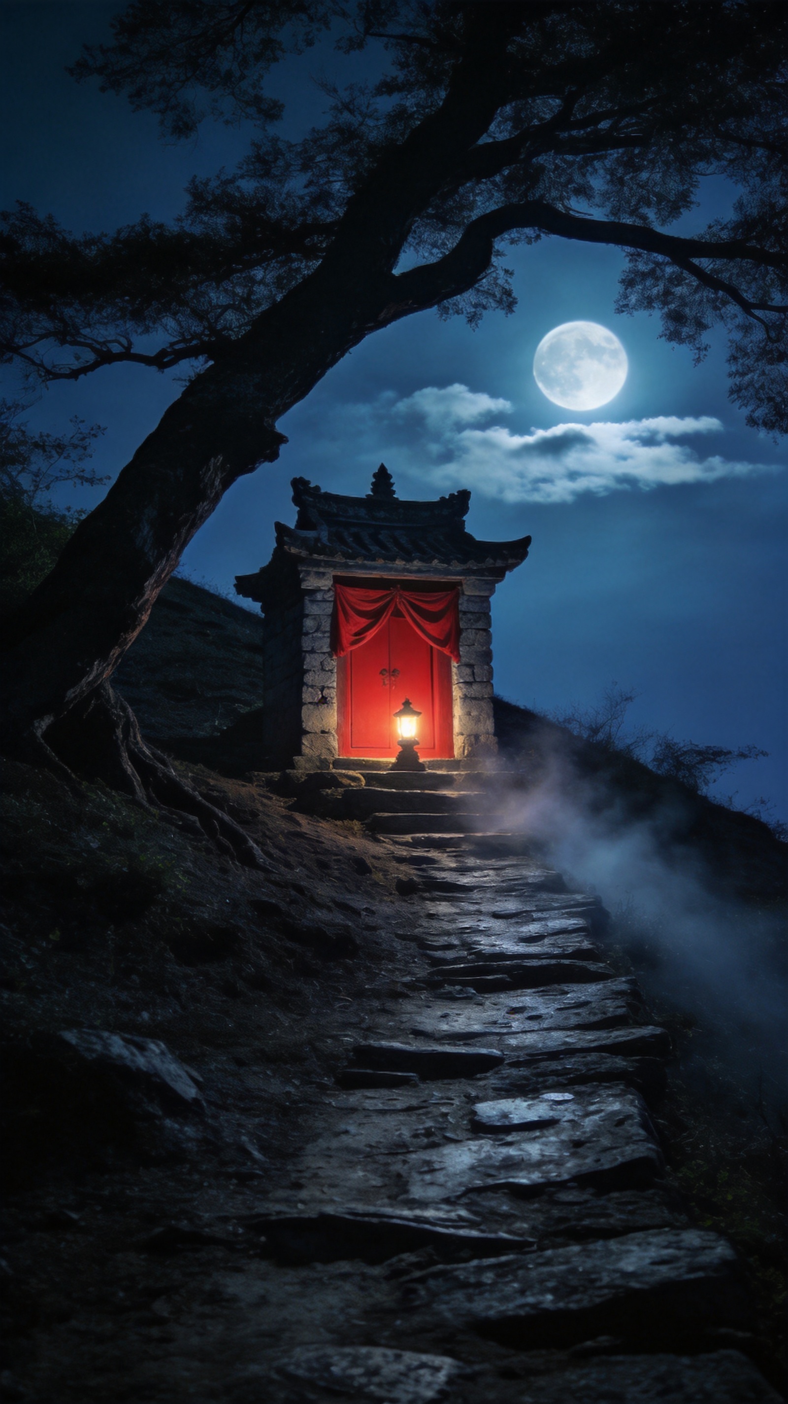 Small stone hillside shrine at night with a red-curtained doorway lit from within above a misty stone path.