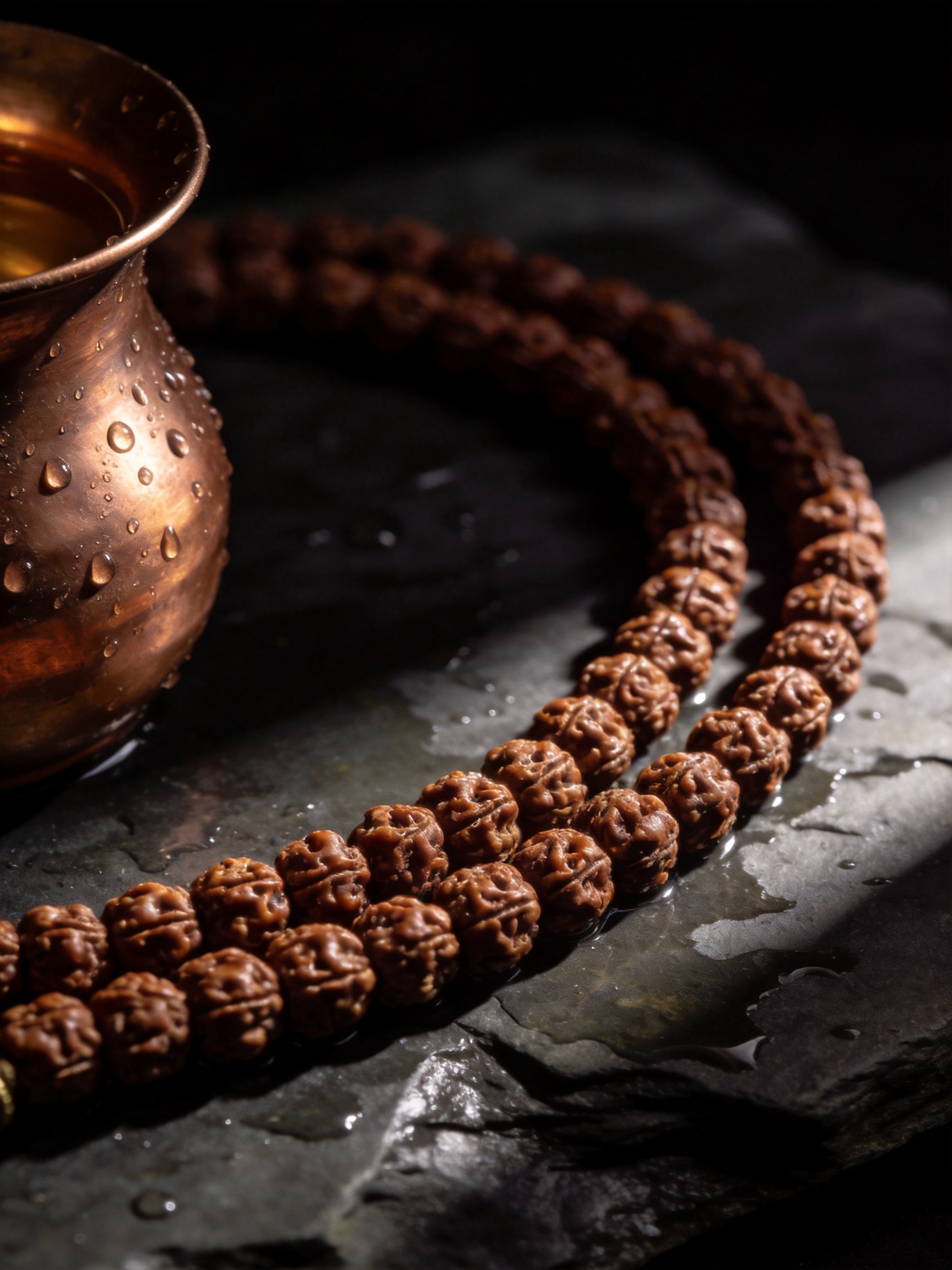 Macro of a wet rudraksha bead mala coiled on dark stone beside a small copper pot in raking light.