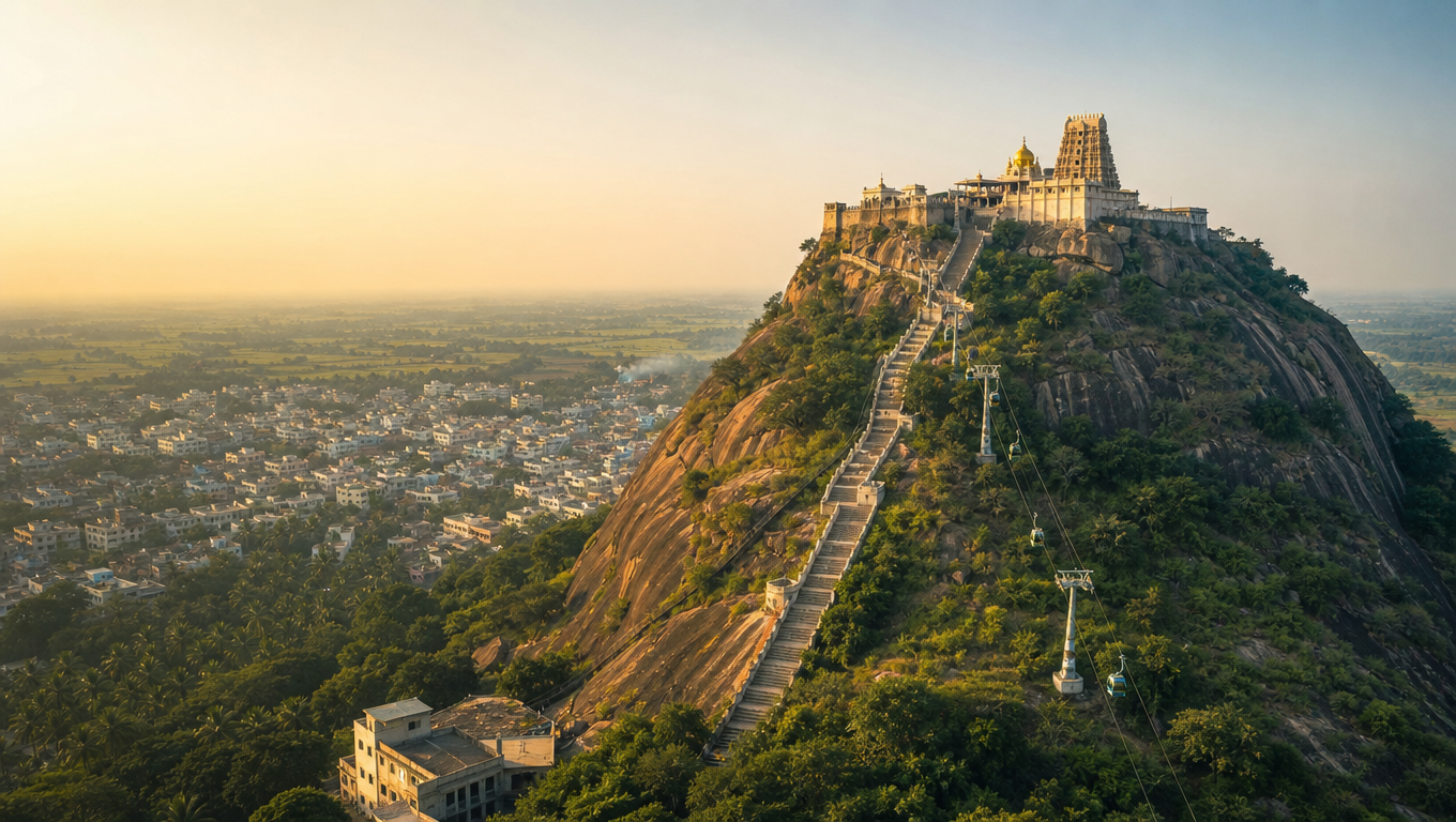 Palani Murugan Temple on its rocky hilltop with stone steps and the rope-car line climbing the slope.
