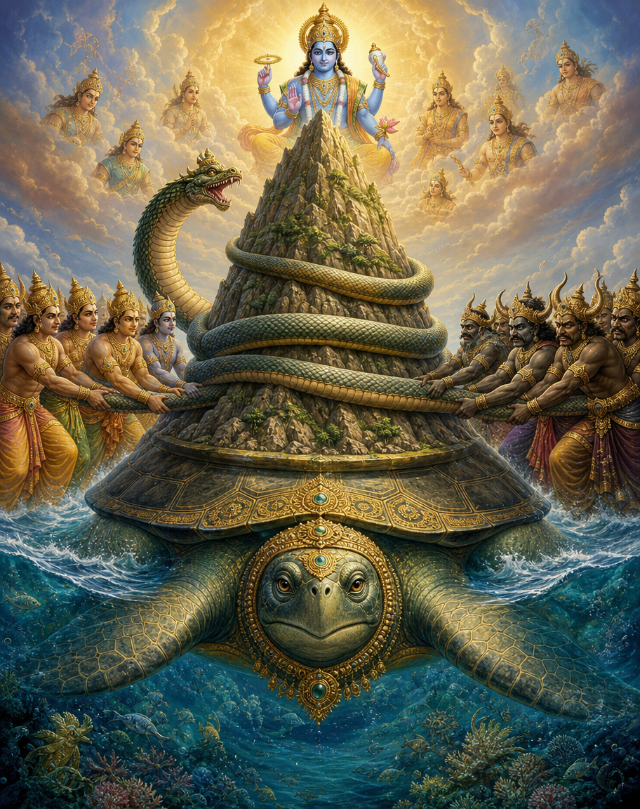 Devotional art of kurma avatar of vishnu, kurma, the tortoise avatar of vishnu, supporting mount mandara on his shell during the churning of the ocean, devas and asuras pulling the serpent vasuki on either side.