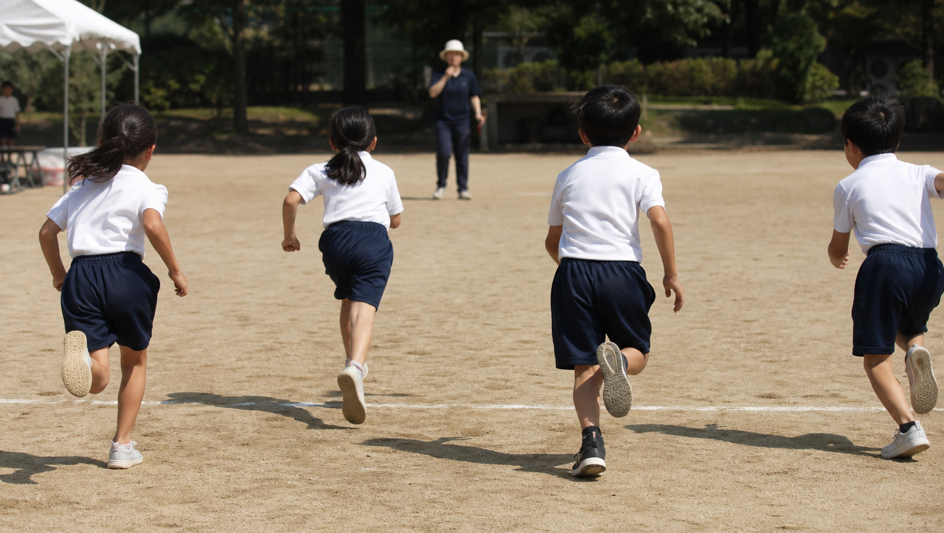 School children in uniform seen from behind running a race on a dusty playground, a finish line of chalk, a teacher with a whistle far ahead.