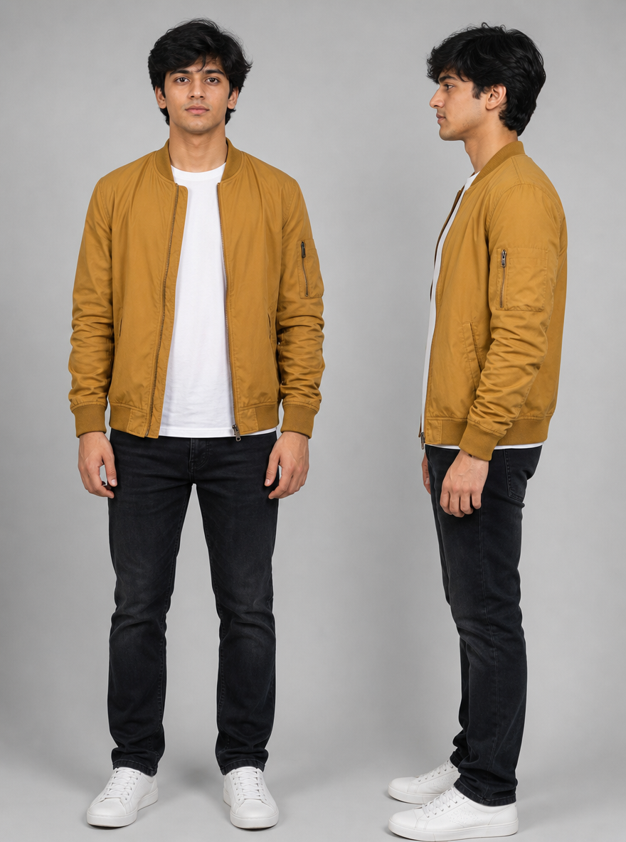 Photorealistic character reference sheet of Ishaan Mehta, an Indian man in a mustard bomber jacket over a plain white tee, front view and profile.