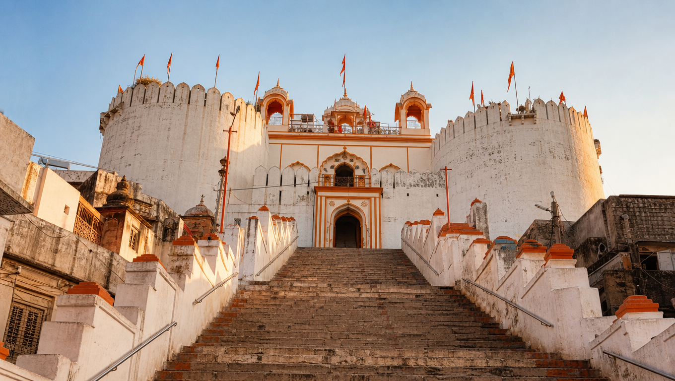 Hanuman Garhi in Ayodhya, a white fort-like temple with bastions and a long stair to its gateway.