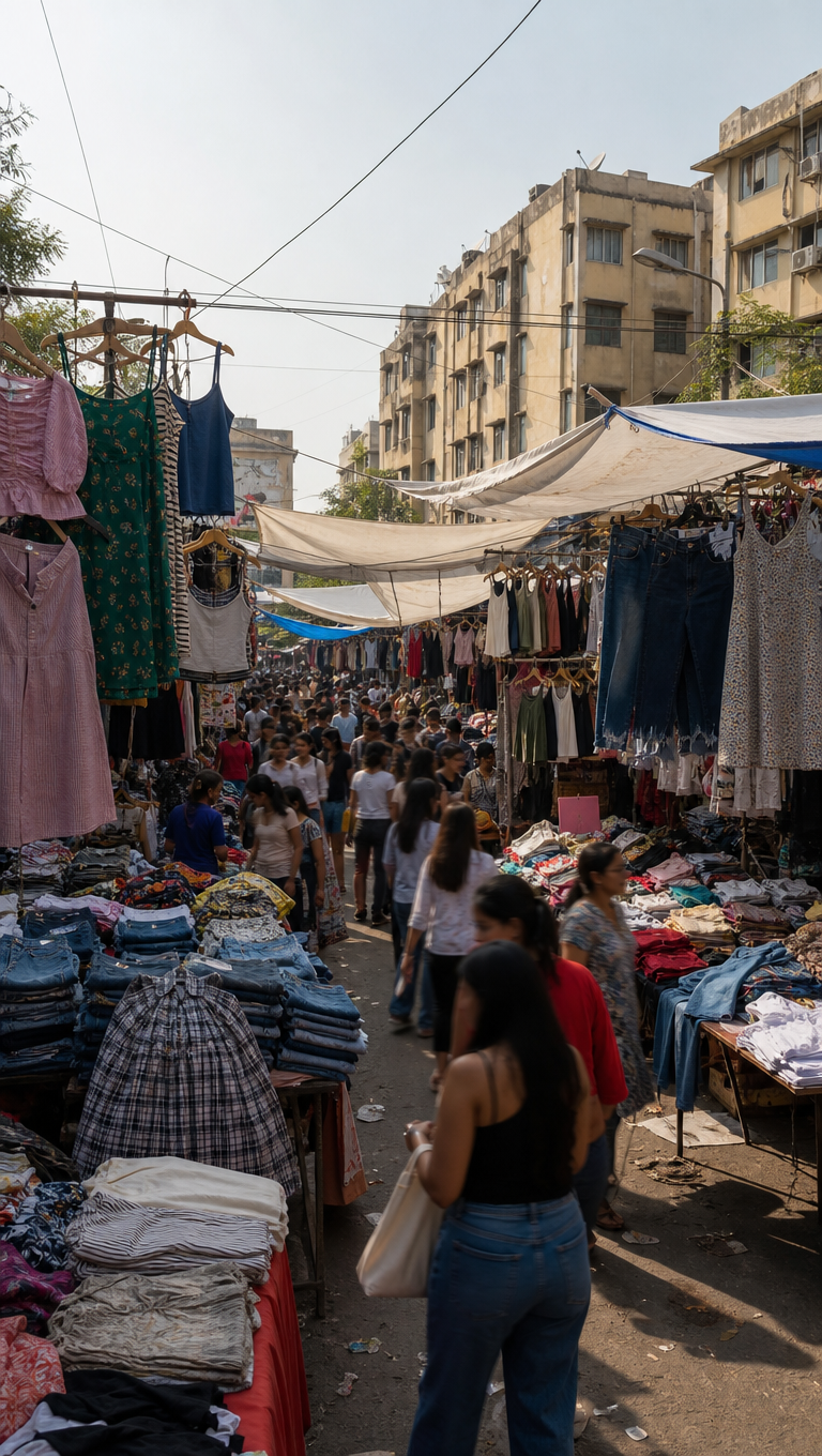Vertical view of a crowded Sarojini Nagar Market lane in Delhi with clothes heaped on tables and hung overhead.