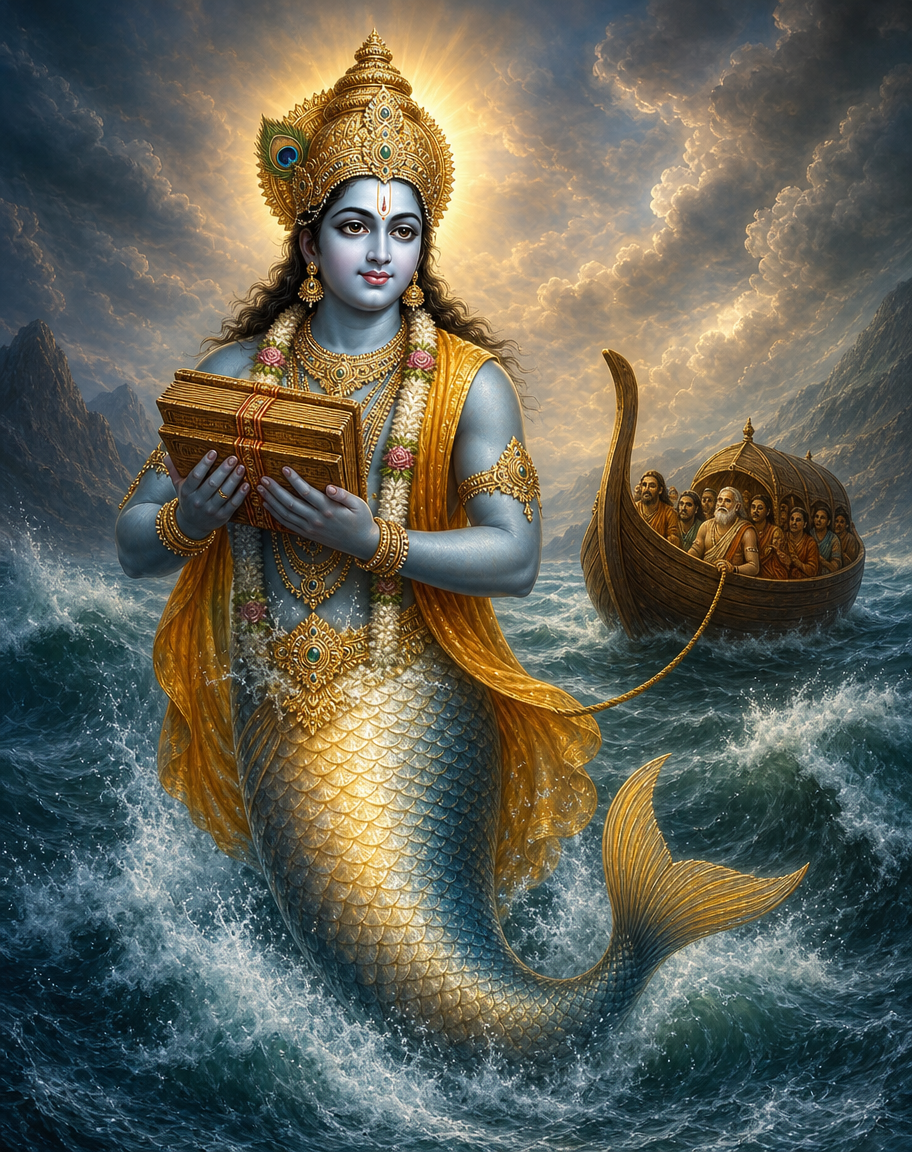 Devotional art of matsya avatar of vishnu, matsya, the fish avatar of vishnu, half fish half divine figure rising from the ocean, holding the vedas, the boat of manu tethered behind, stormy waves.