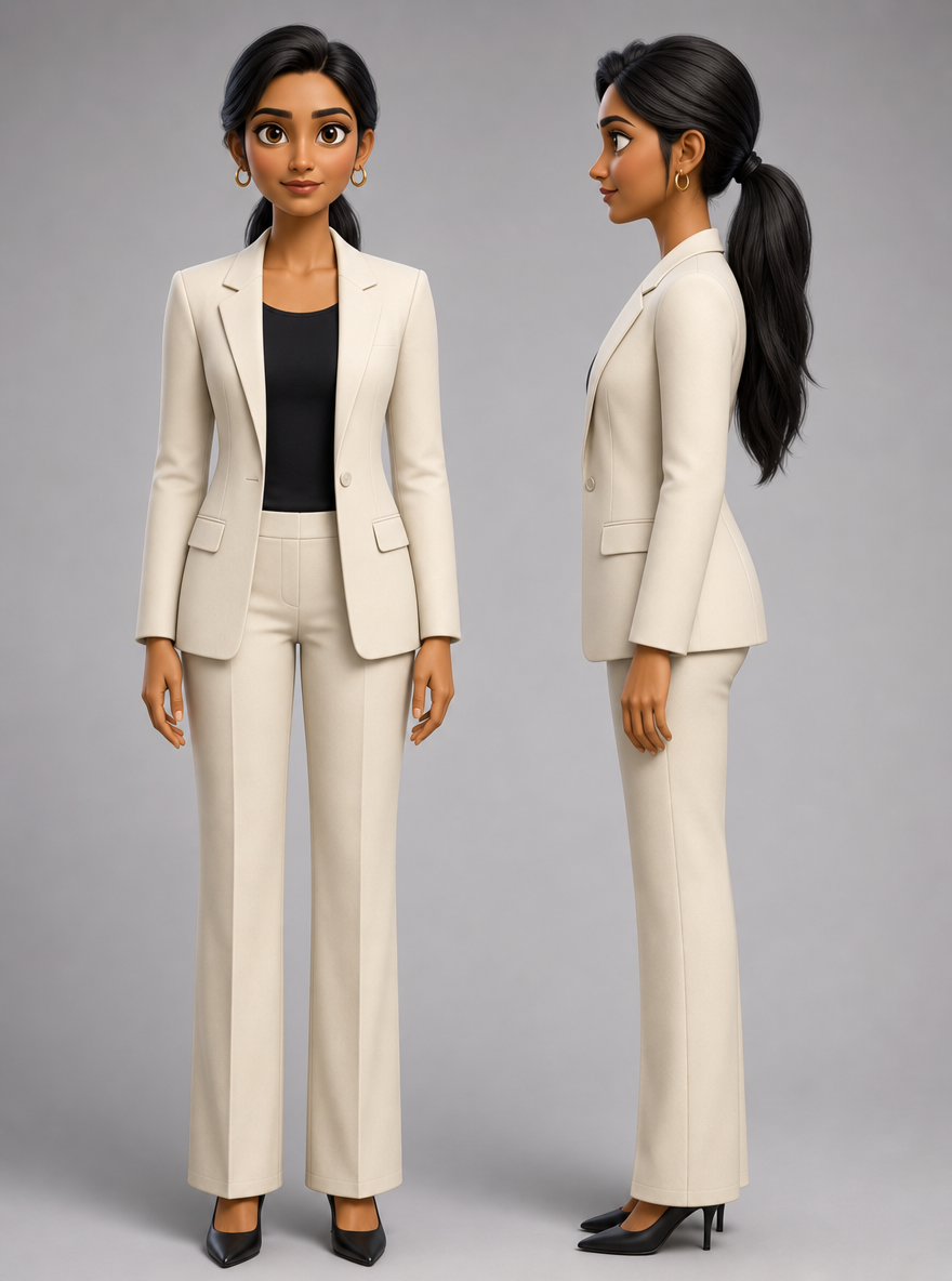 3d pixar-style character reference sheet of Ananya Iyer, an Indian woman in a tailored ivory blazer over a black top, front view and profile.