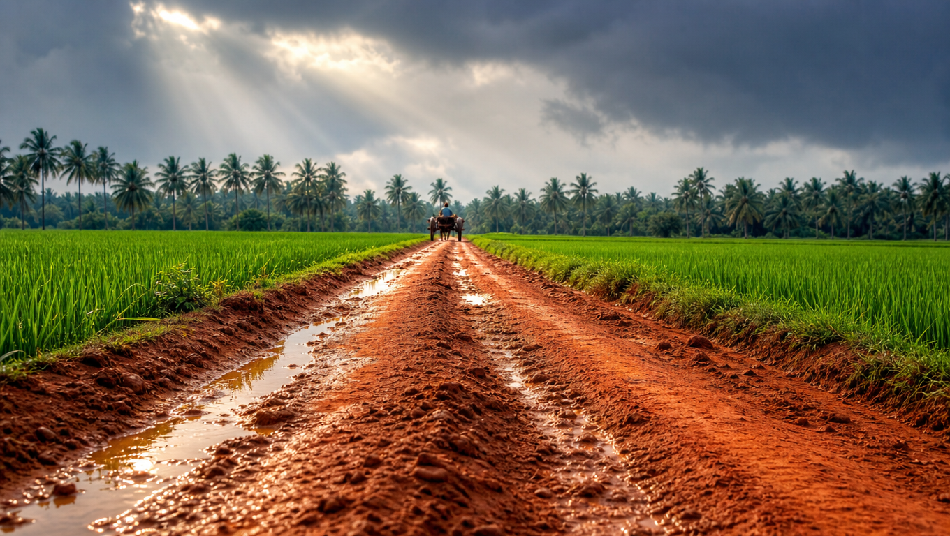 Red laterite village road running between bright green paddy fields toward a line of coconut palms.