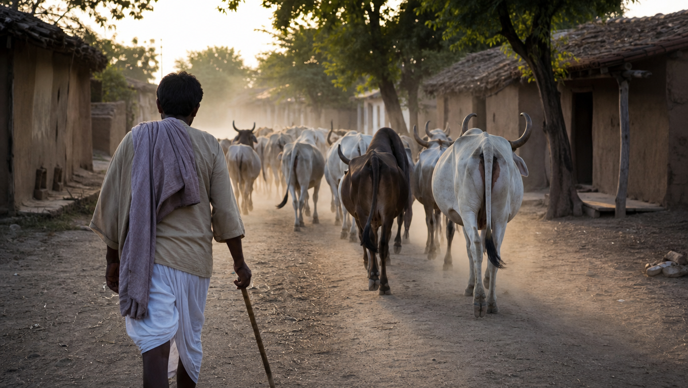 A herder seen from behind walking a herd of cattle down a dusty village lane at dusk, backlit dust, mud houses and neem trees either side.