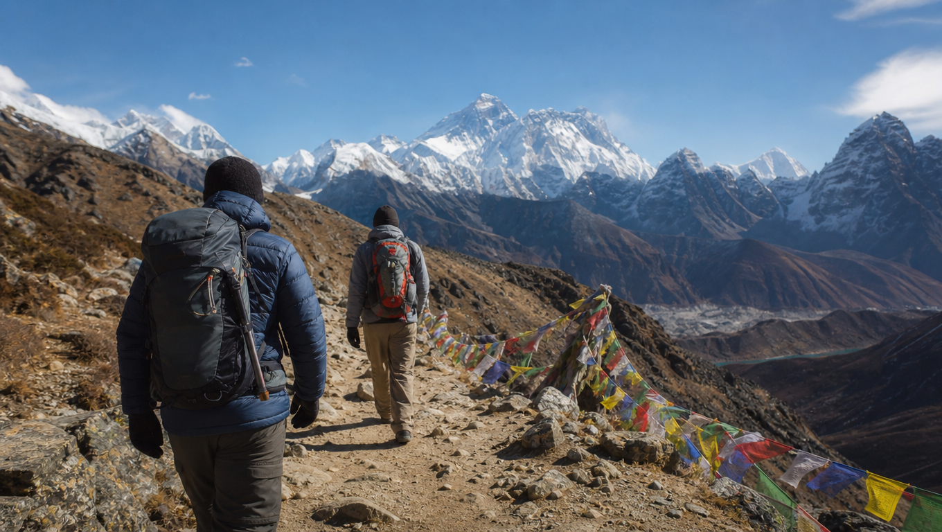 Two trekkers with backpacks seen from behind walking a Himalayan ridge trail, snow peaks ahead, prayer flags, clear thin-air light.