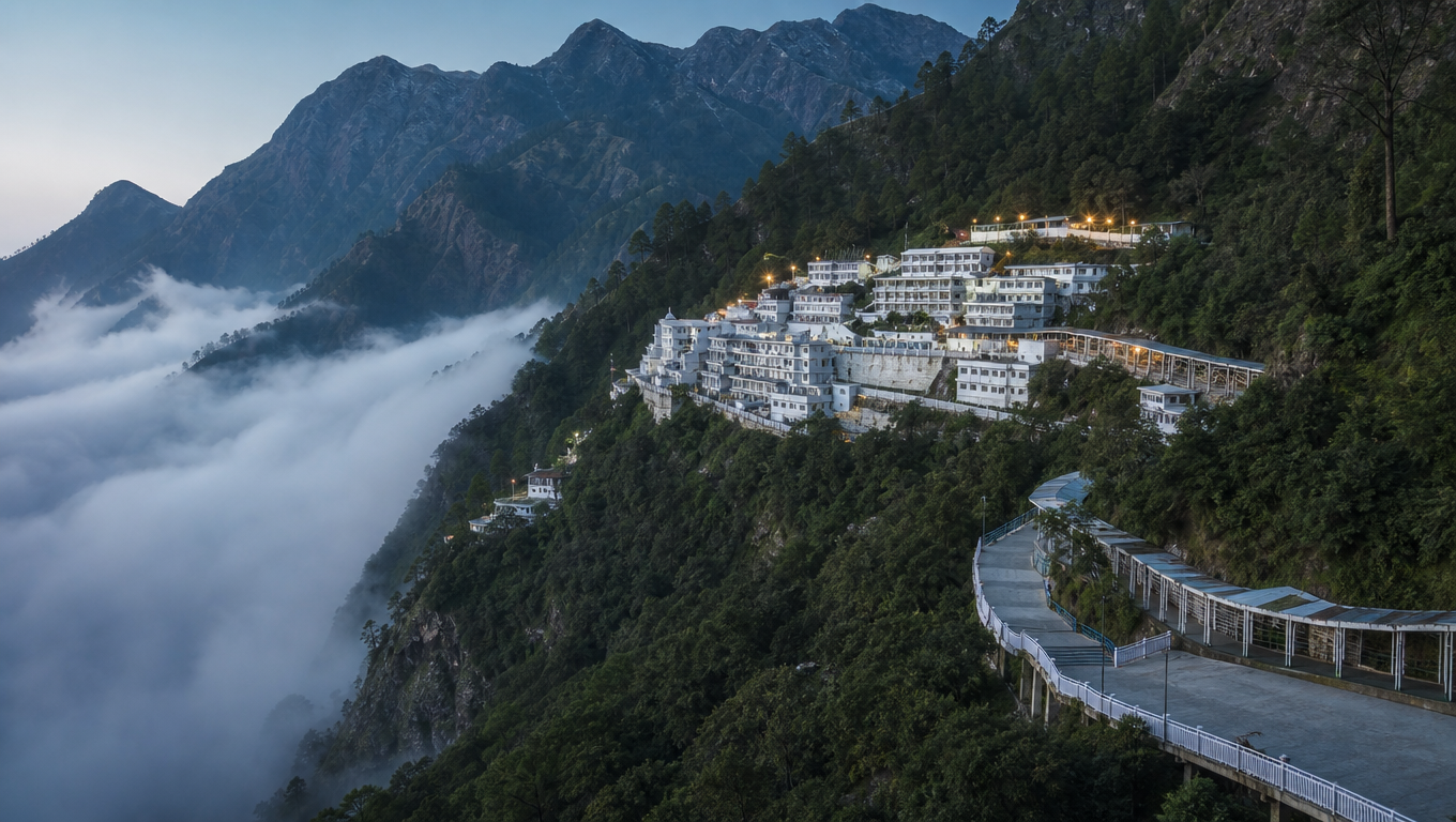Vaishno Devi shrine complex on the forested Trikuta Hills with the winding pilgrim path and morning mist below.