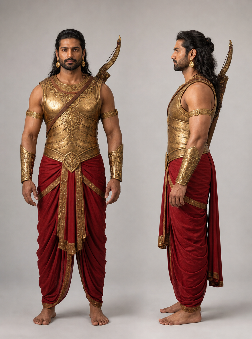 Photorealistic character reference sheet of Karna of Anga, an Indian man in a golden kavach breastplate, front view and profile.