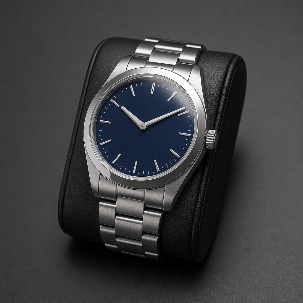 Stainless-steel wristwatch with a navy dial and steel bracelet on a black leather cushion, hands at ten past ten.