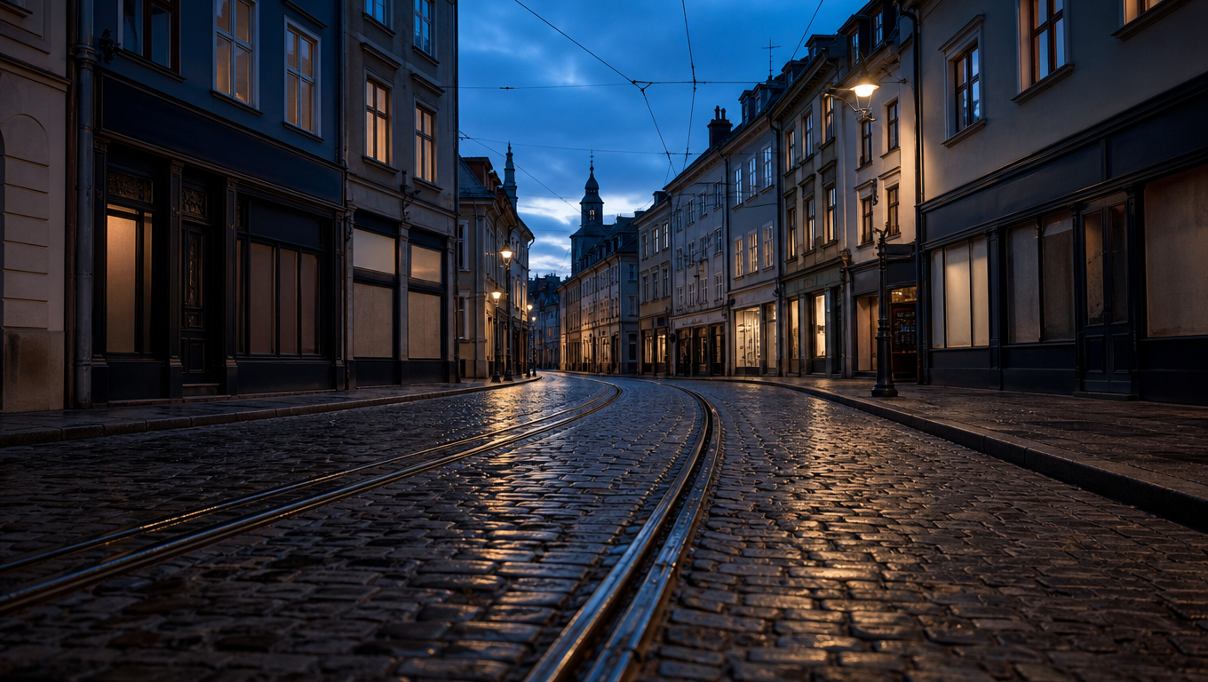 Old city street at dusk with tram rails set in wet cobbles running toward a bend between lit buildings.
