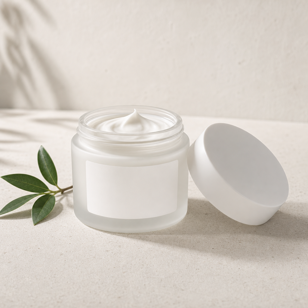 Frosted white glass face-cream jar with its lid off showing the cream, on pale stone beside a green leaf.