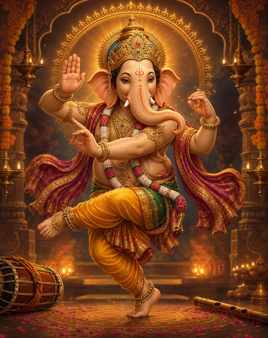 Devotional art of nritya ganapati dancing, ganesha dancing as nritya ganapati, one leg raised, arms in a graceful mudra, anklets and a swaying trunk, a mridangam and flute in the corners, a warm festive glow.