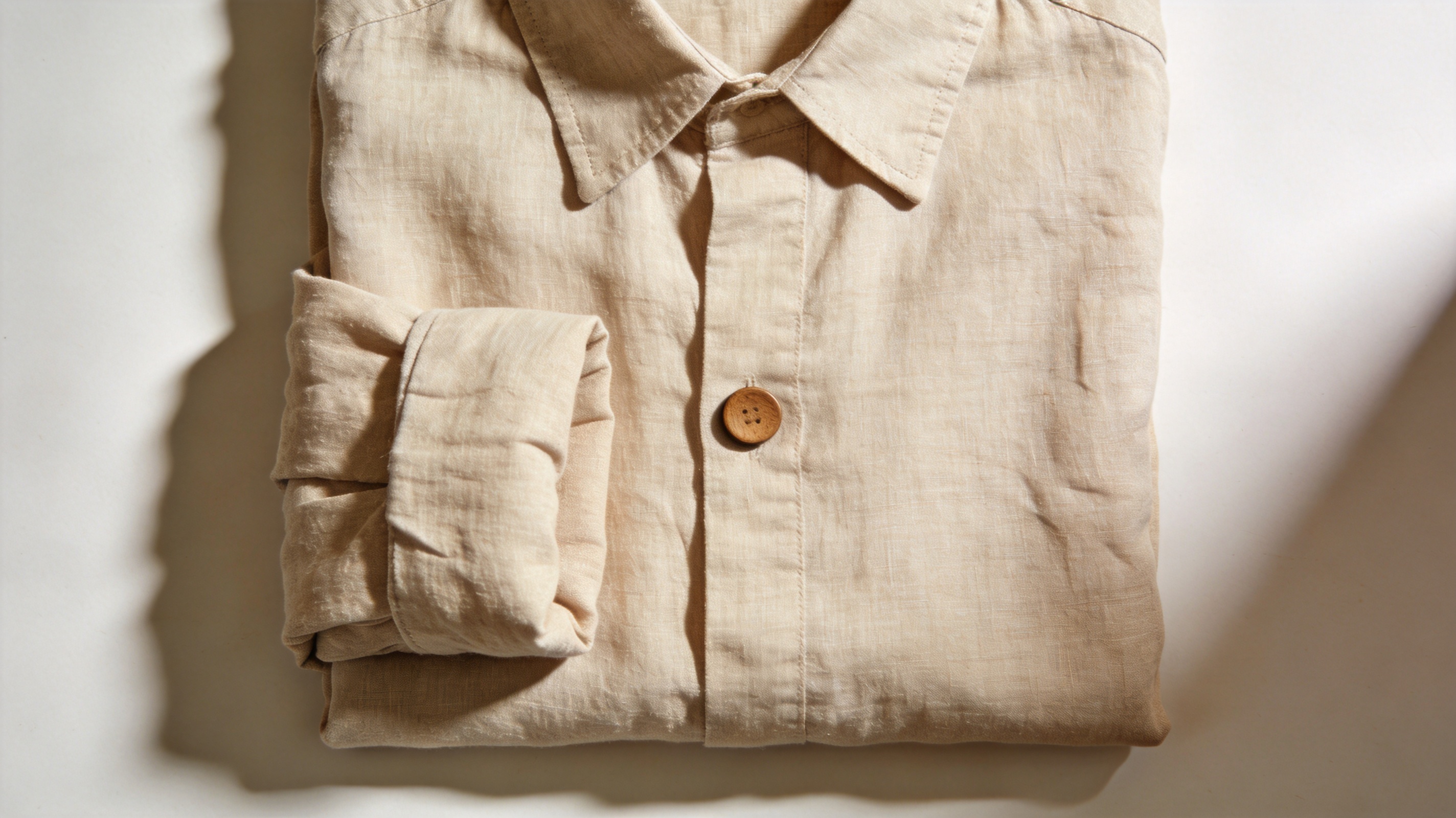 Overhead flat lay of a folded oatmeal linen shirt on a warm white studio surface with visible weave.