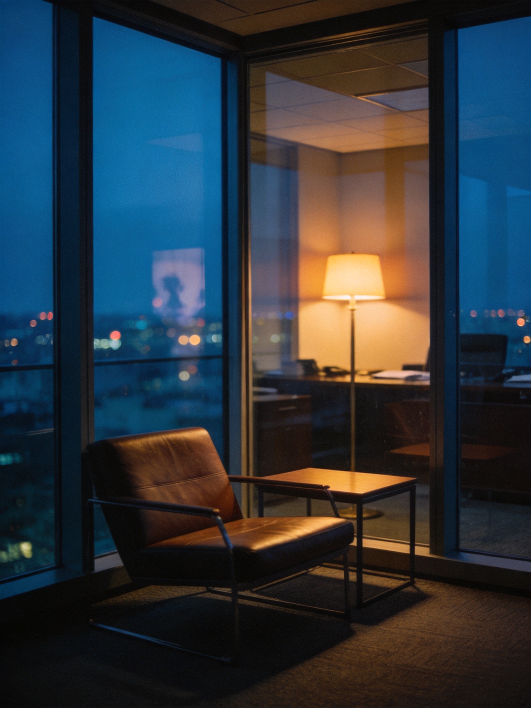 Executive office corner at blue hour with a leather chair, warm floor lamp and blurred city lights.