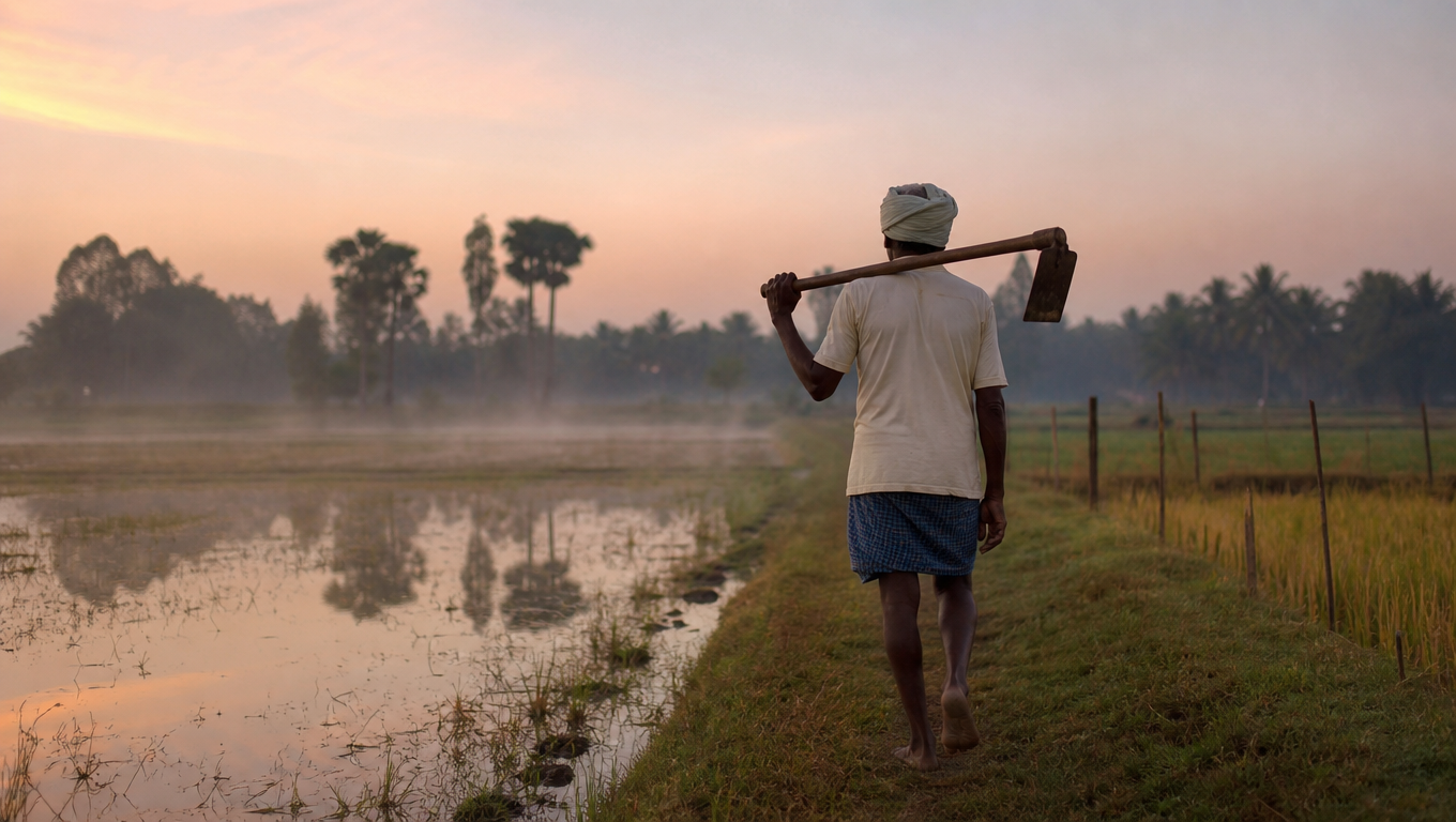 A farmer with a hoe over his shoulder seen from behind walking along a paddy bund at dawn, mist on the water, a distant tree line.