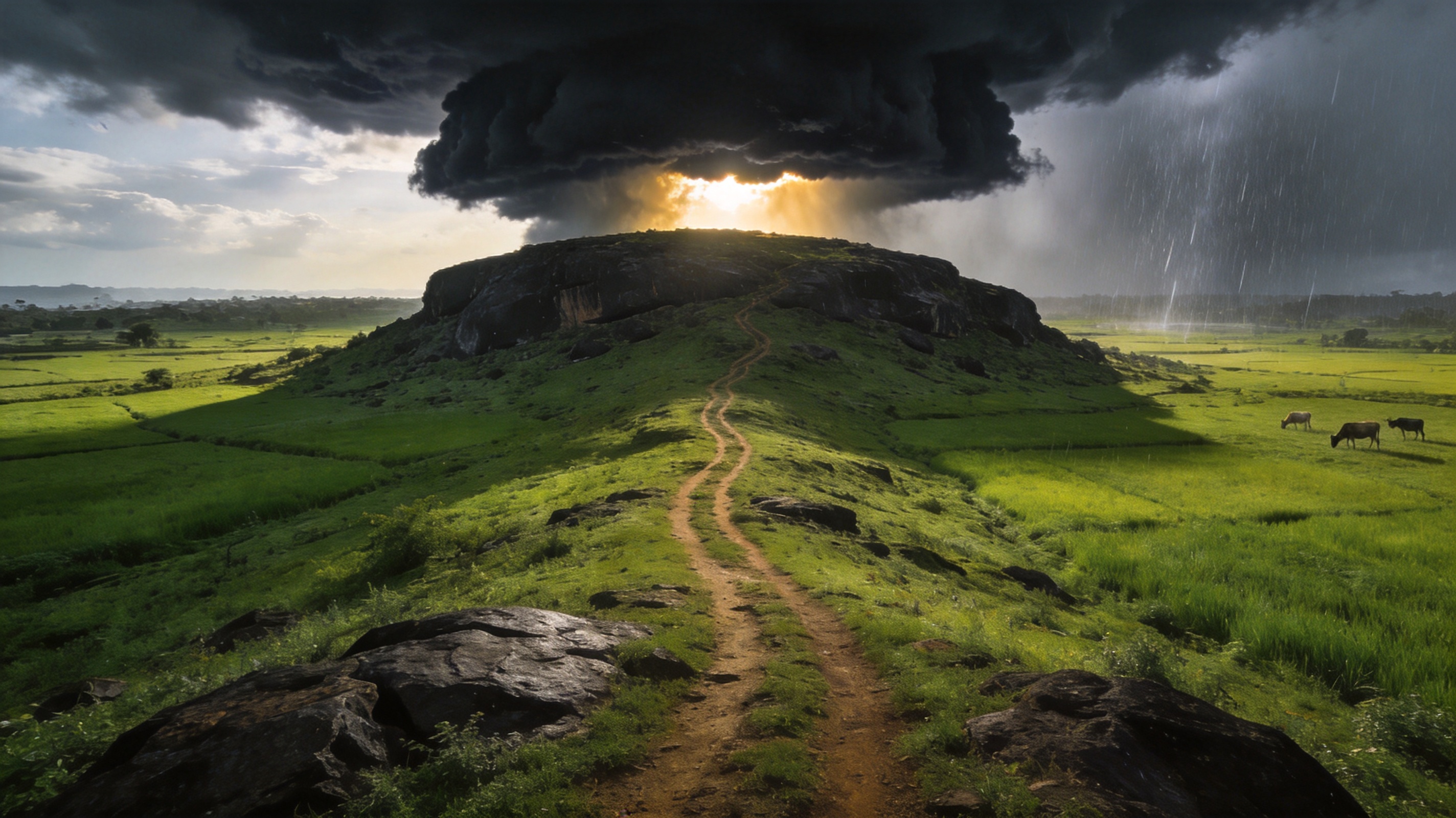 Broad dark hill rising from green monsoon fields under a towering black storm cell with a sunlit gap beneath.