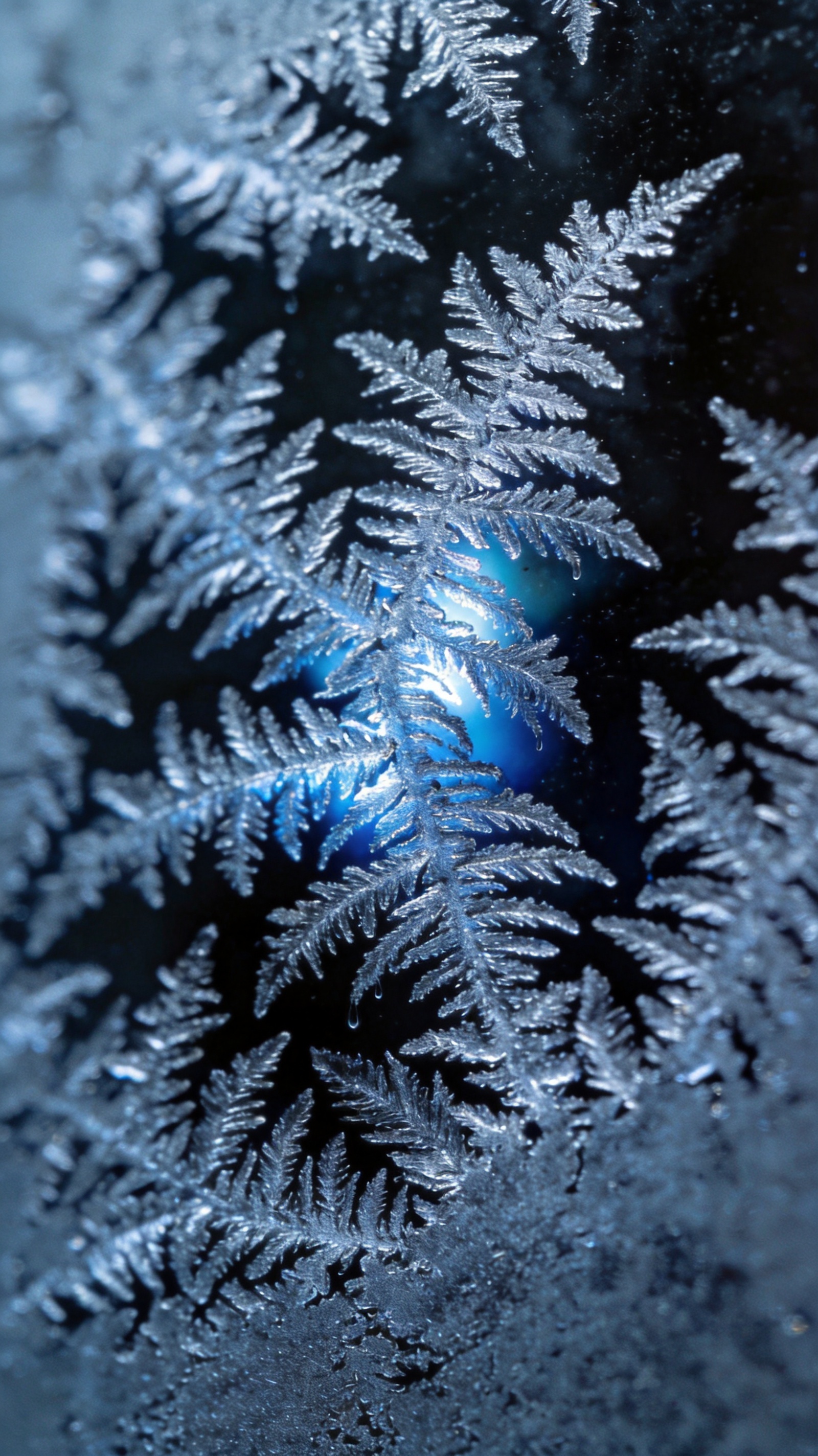 Macro of feathered blue frost crystals spreading like fern branches across dark window glass.