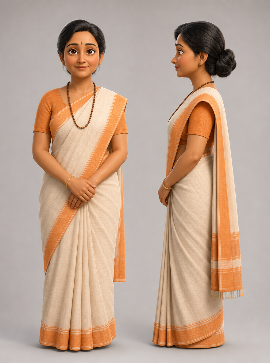 3d pixar-style character reference sheet of Radhika Devi, an Indian woman in a saffron-and-white cotton saree, a tulsi mala and a plain bangle, front view and profile.