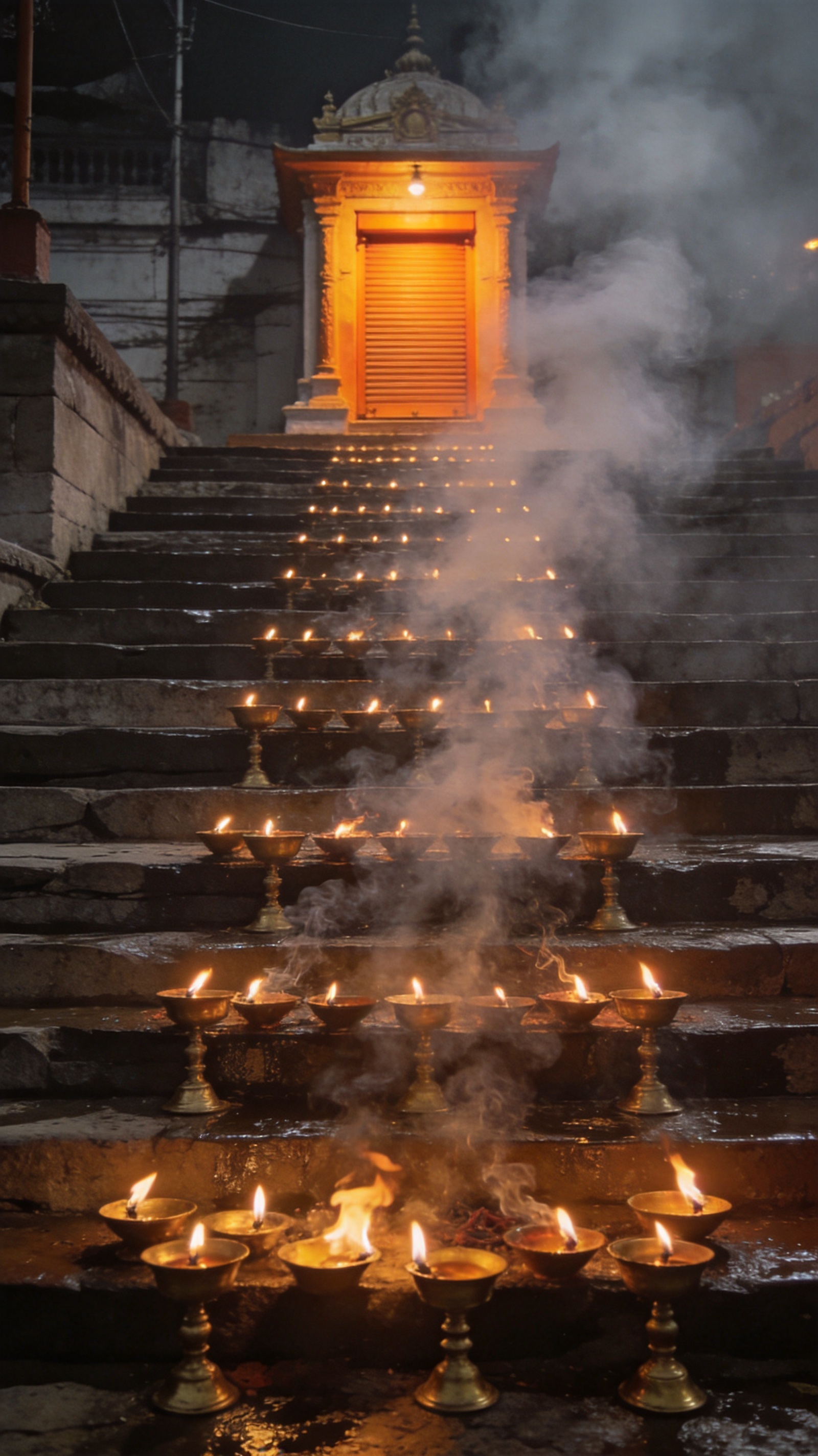 Riverside ghat steps lined with burning brass lamps and incense smoke below a glowing saffron shrine door.