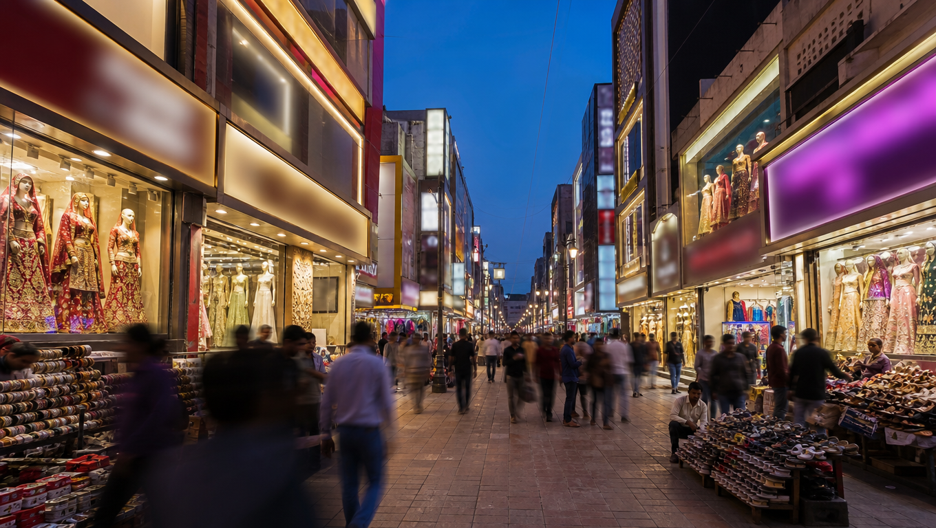 Ajmal Khan Road in Karol Bagh, Delhi, at blue hour with lit saree showrooms and bangle stalls along a pedestrian street.