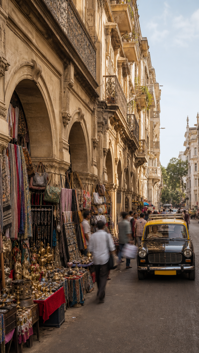 Vertical view of Colaba Causeway in Mumbai with stalls of scarves and curios under colonial stone arcades.