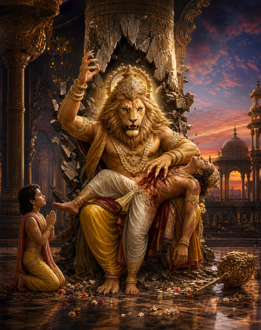 Devotional art of narasimha avatar of vishnu, narasimha, the man-lion avatar of vishnu, emerging from a pillar at twilight with hiranyakashipu across his lap, the boy prahlada praying nearby, a fierce mane and calm eyes.