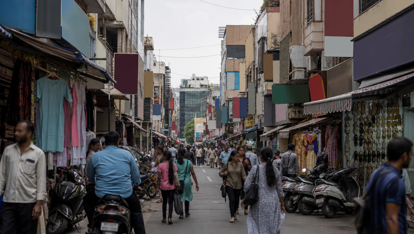 Commercial Street in Bengaluru, a narrow shopping street with stacked boutiques, awnings and layered signboards.