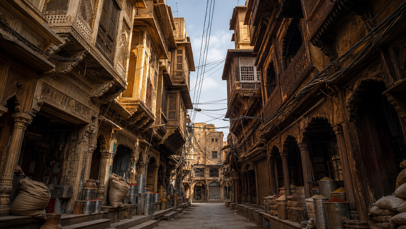 Narrow old-city spice lane with carved wooden haveli balconies, stacked sacks and cables overhead.