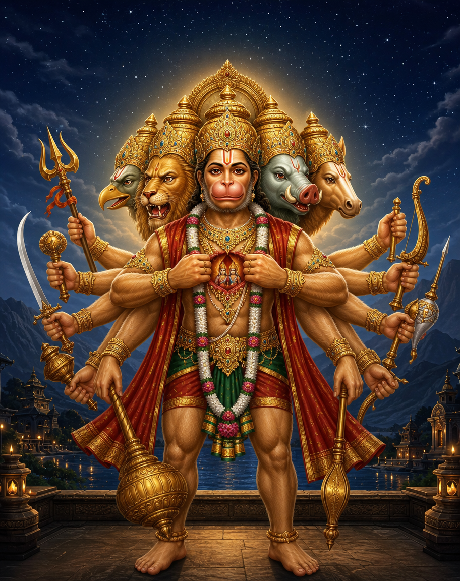 Devotional art of panchmukhi hanuman, panchmukhi hanuman with five faces, hanuman at the centre flanked by narasimha, garuda, varaha and hayagriva, ten arms with weapons, a fierce protective aura and a night sky.