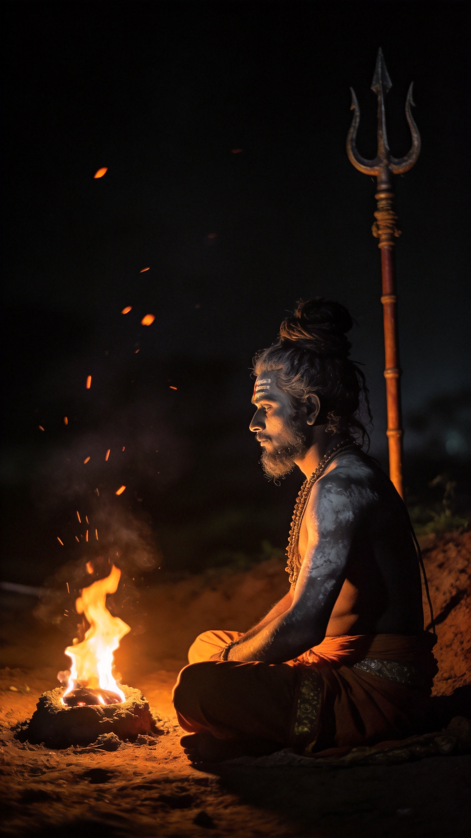 Ash-smeared ascetic seated in profile beside a small fire at night with a trident planted behind him.