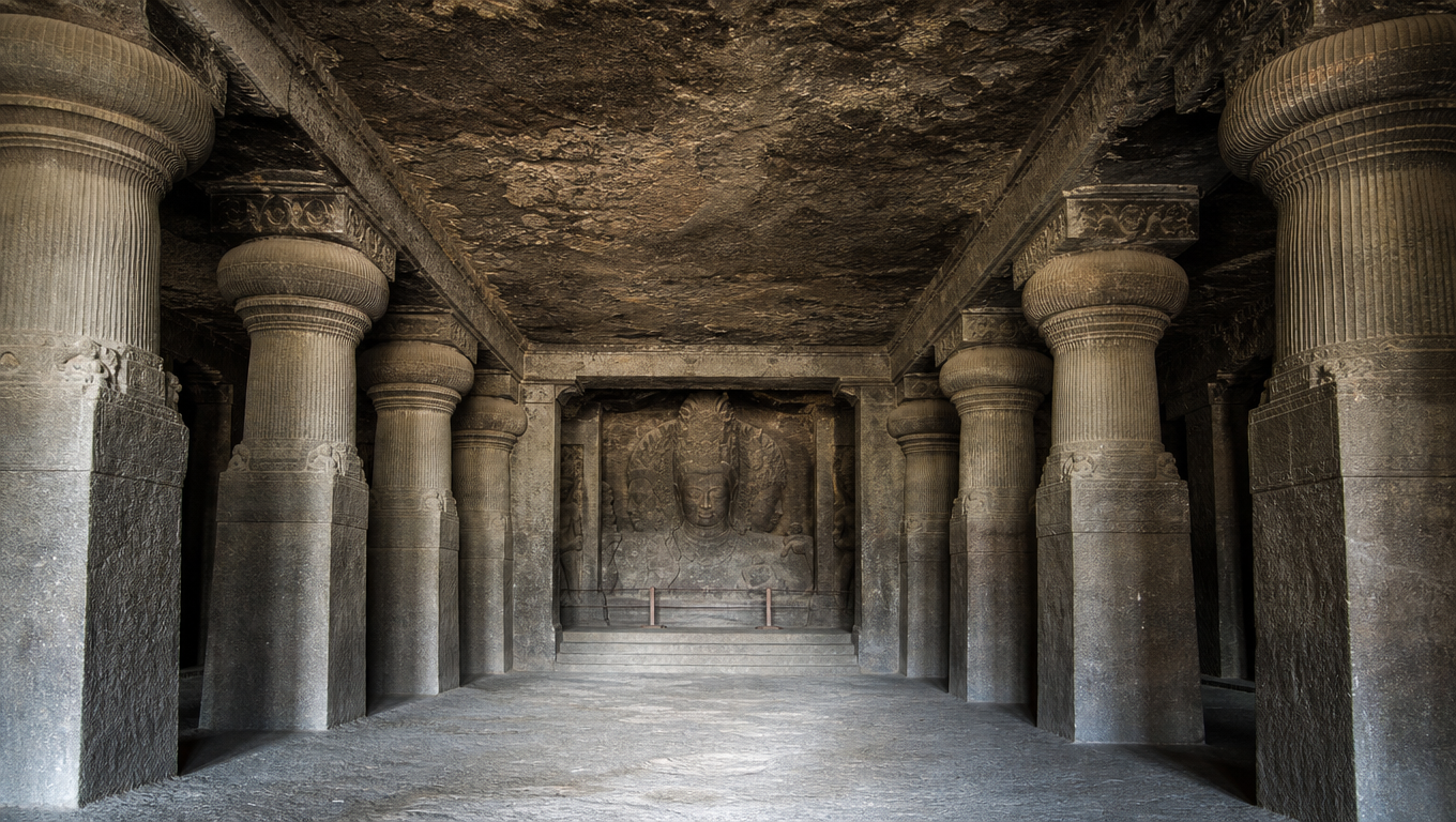 Elephanta's pillared basalt hall with massive fluted columns receding toward the carved relief at the far wall.