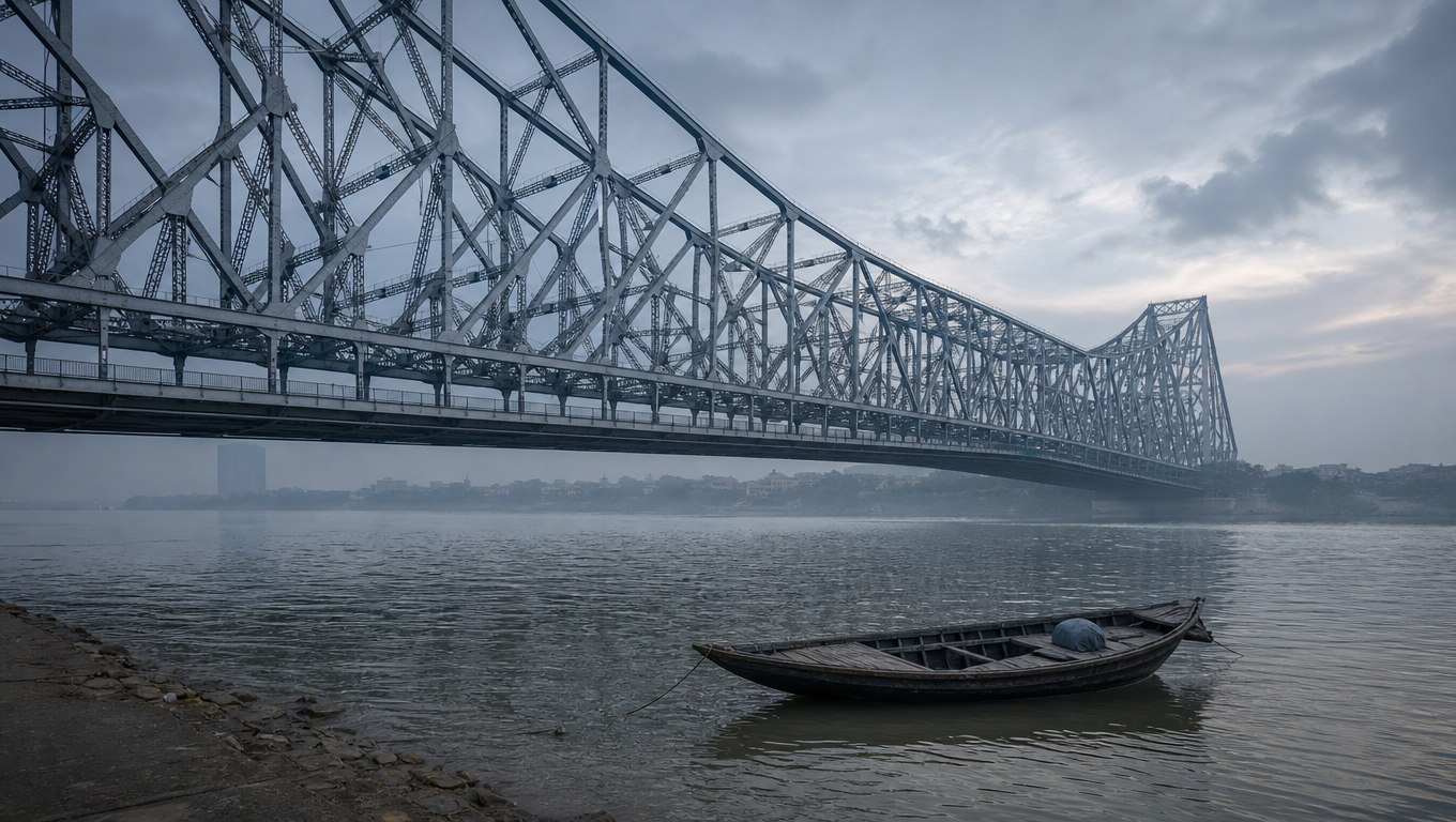 Howrah Bridge's riveted steel cantilever over the Hooghly at dawn with a wooden boat below.