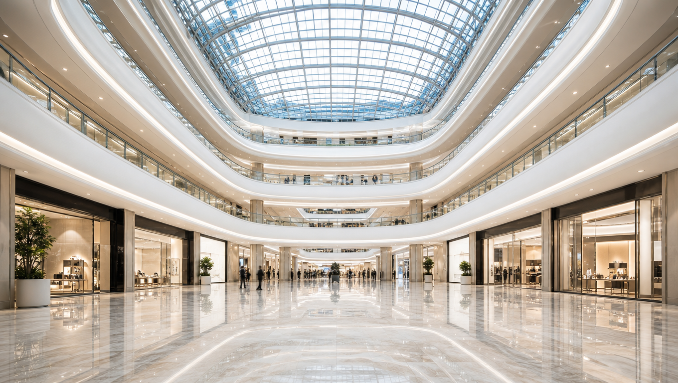 Multi-level shopping mall atrium with white balustrades rising to a glass roof and a reflective stone floor.