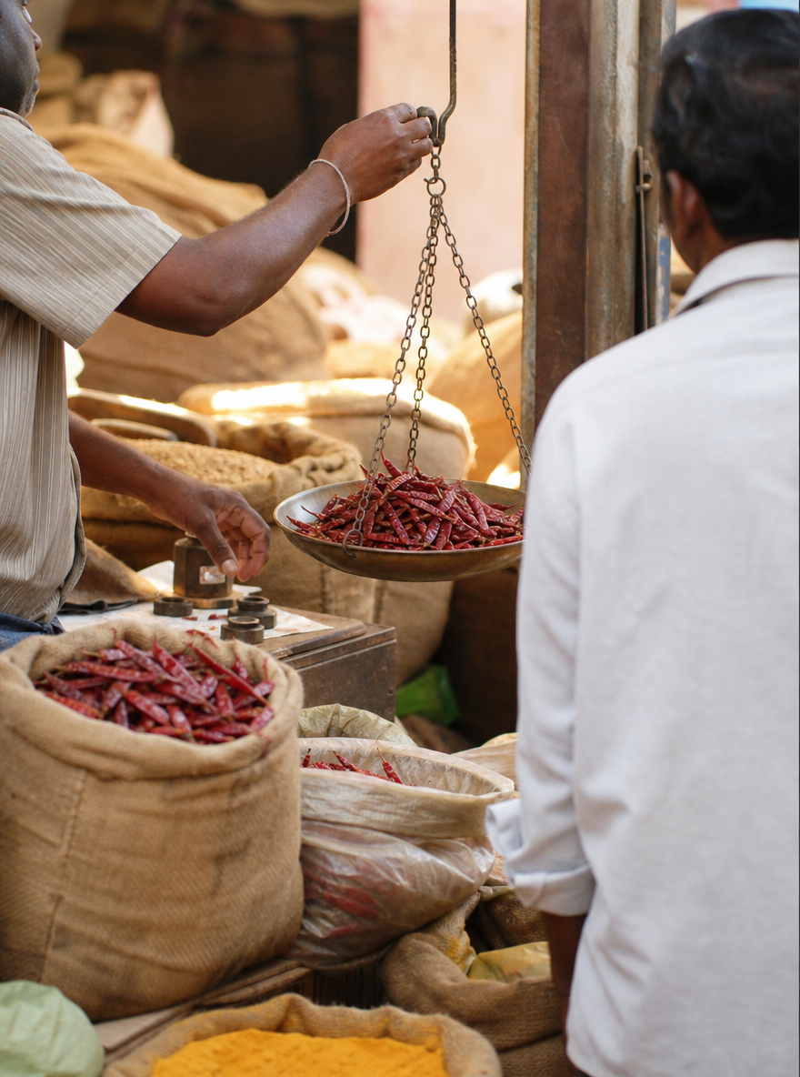 A trader's hands weighing red chilli on a brass scale seen from the side, a customer from behind, sacks of spices and jute, warm light.