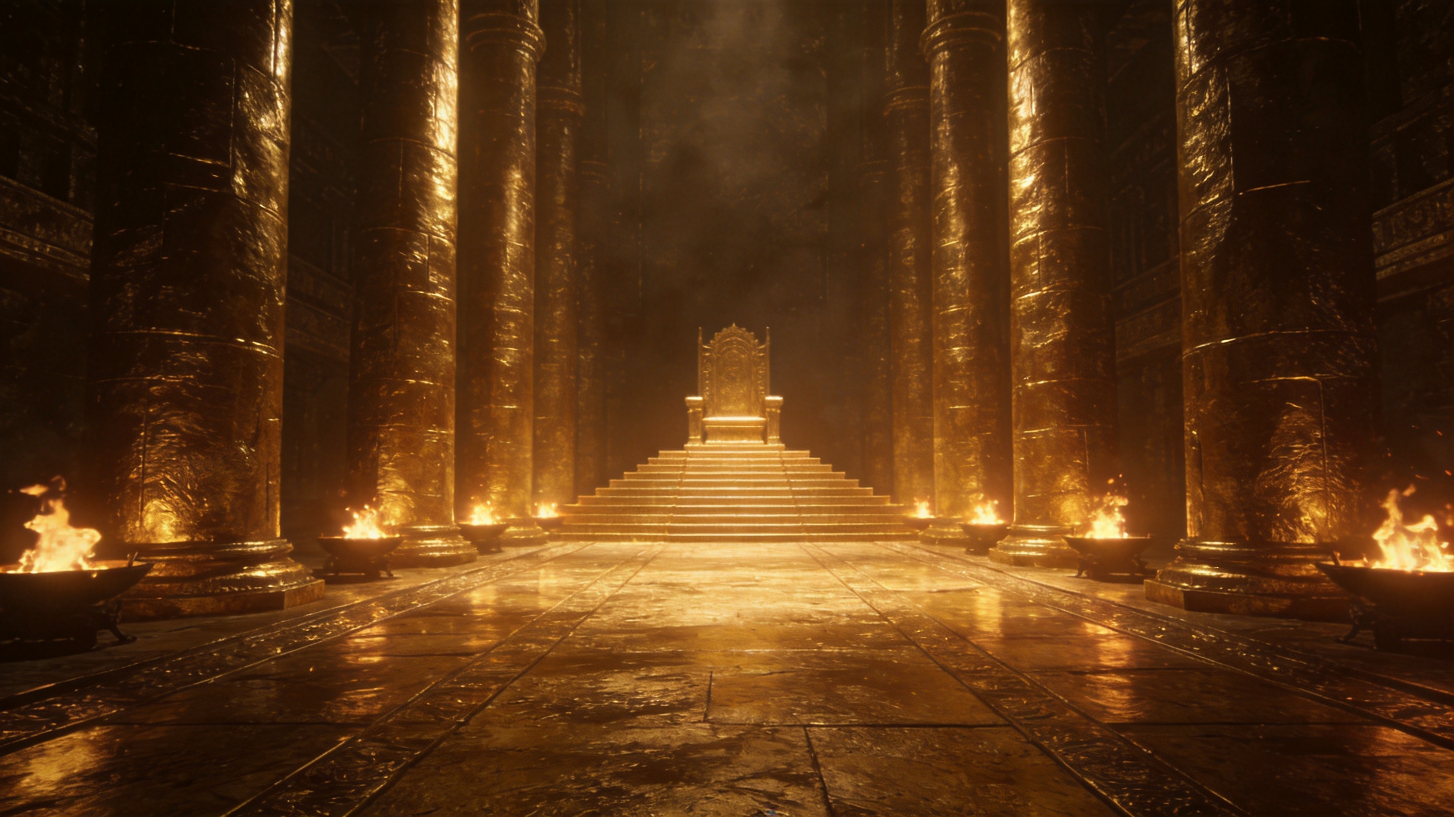 Vast golden throne hall with an empty tiered throne at the far end and braziers burning along the pillars.