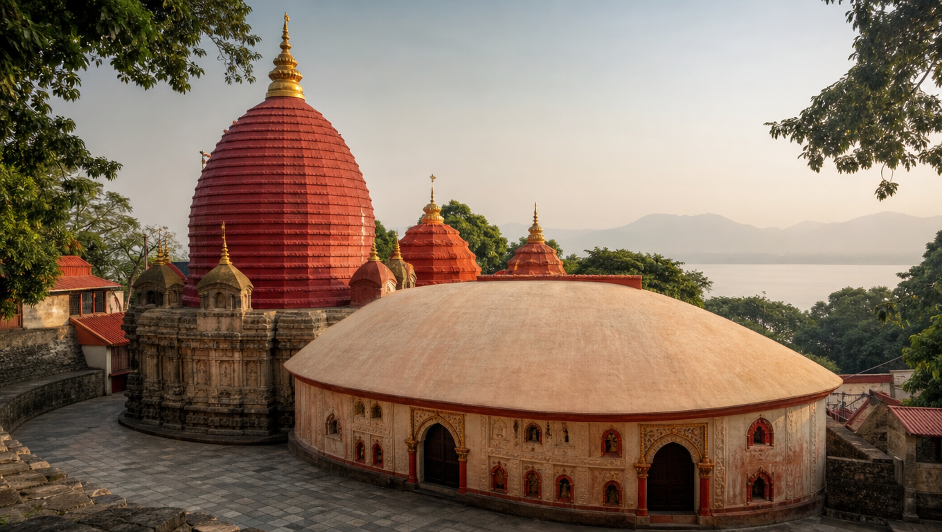 Kamakhya Temple in Guwahati with its rounded red beehive shikhara and carved stone base in morning light.