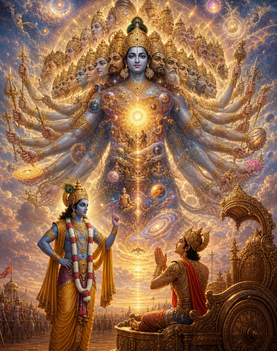 Devotional art of vishwaroopa universal form, krishna revealing the vishwaroopa universal form to arjuna, countless faces and arms filling the sky, suns and worlds within the body, arjuna small and awed below, a cosmic golden light.