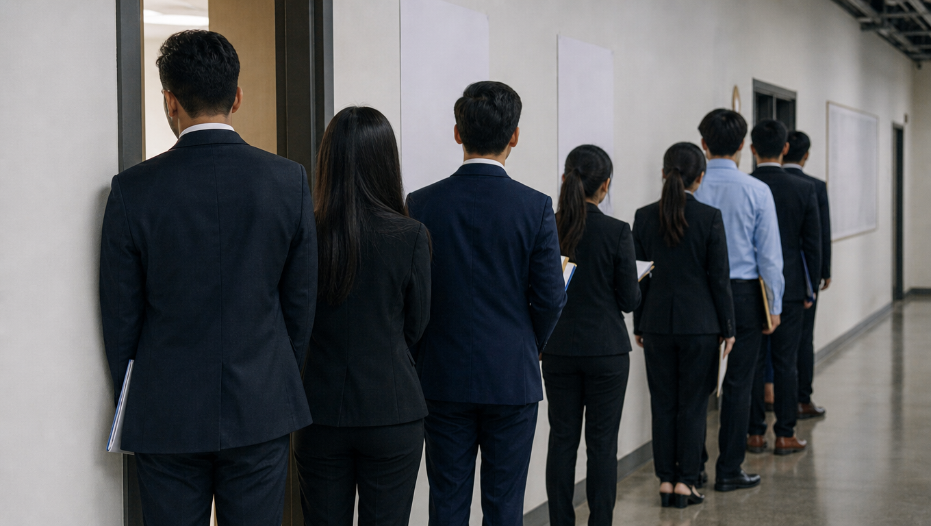 Students in formal wear seen from behind in a queue outside an interview room with files in hand, a corridor with blank posters.