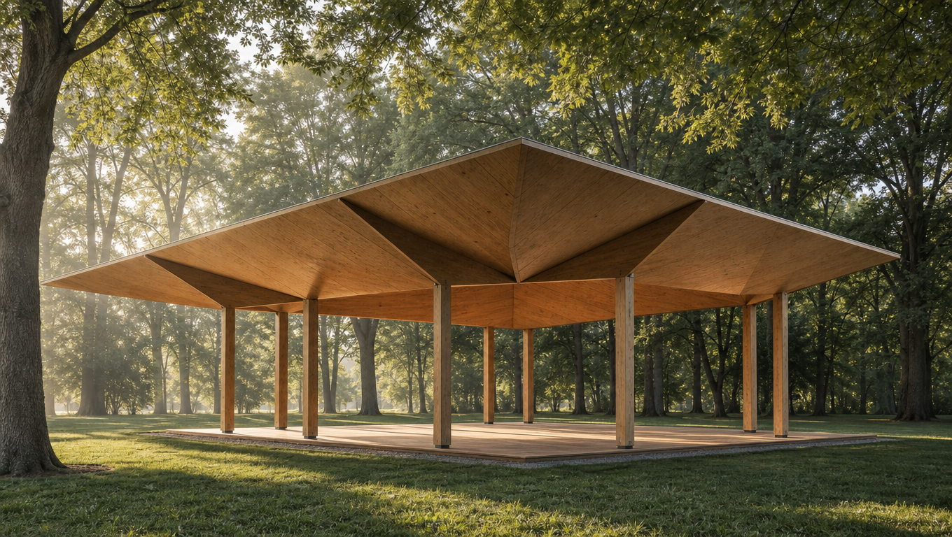 Modern mass-timber pavilion with a folded plywood roof on slender columns standing on a lawn among trees.