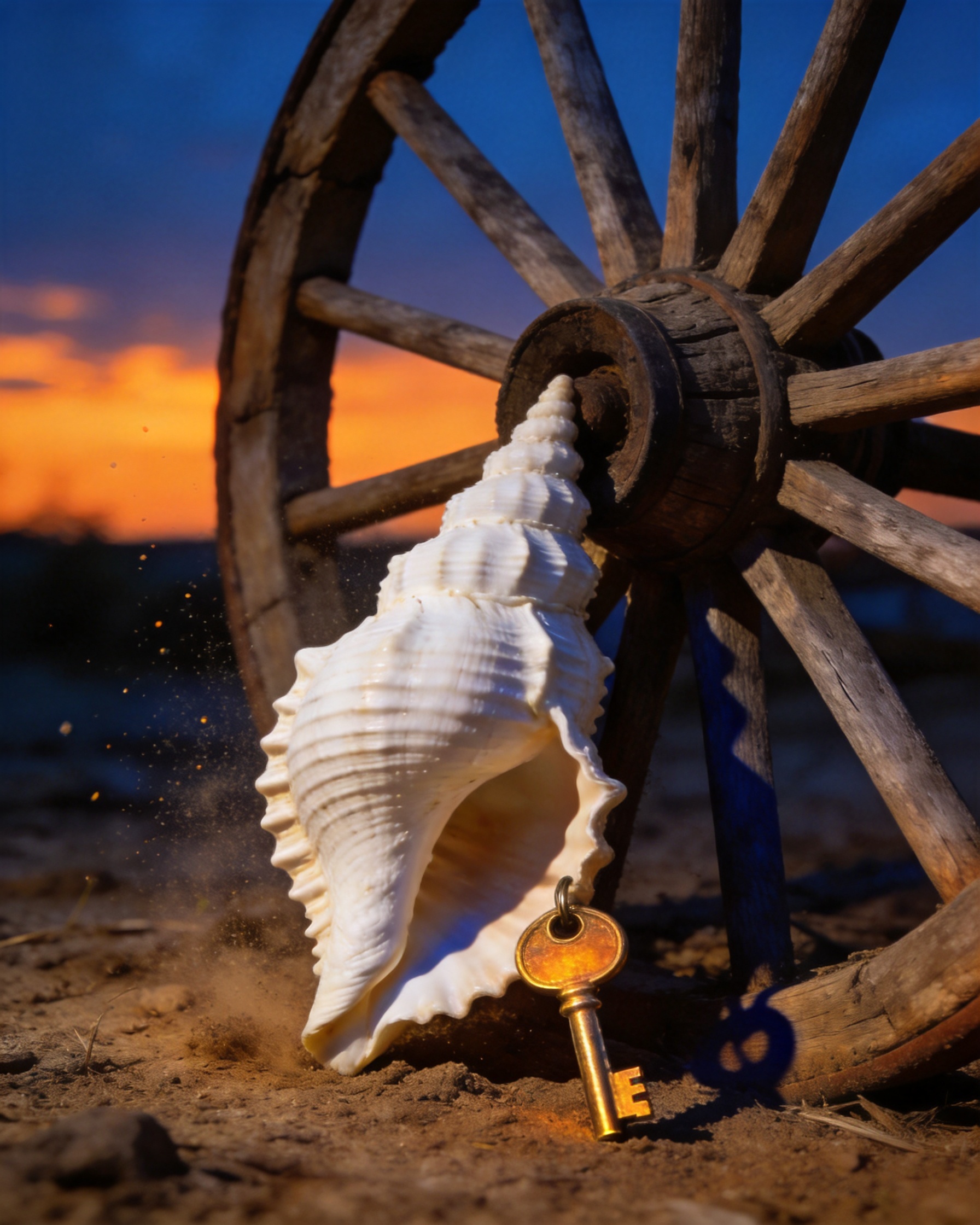 White conch shell resting against the spokes of a half-buried wooden chariot wheel under a burning dusk sky.
