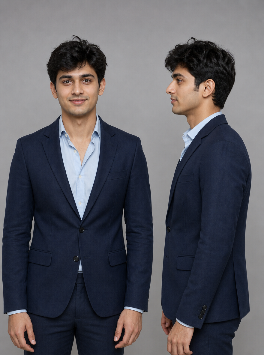 Photorealistic character reference sheet of Aditya Sharma, an Indian man in a navy blazer over a light-blue open-collar shirt, front view and profile.