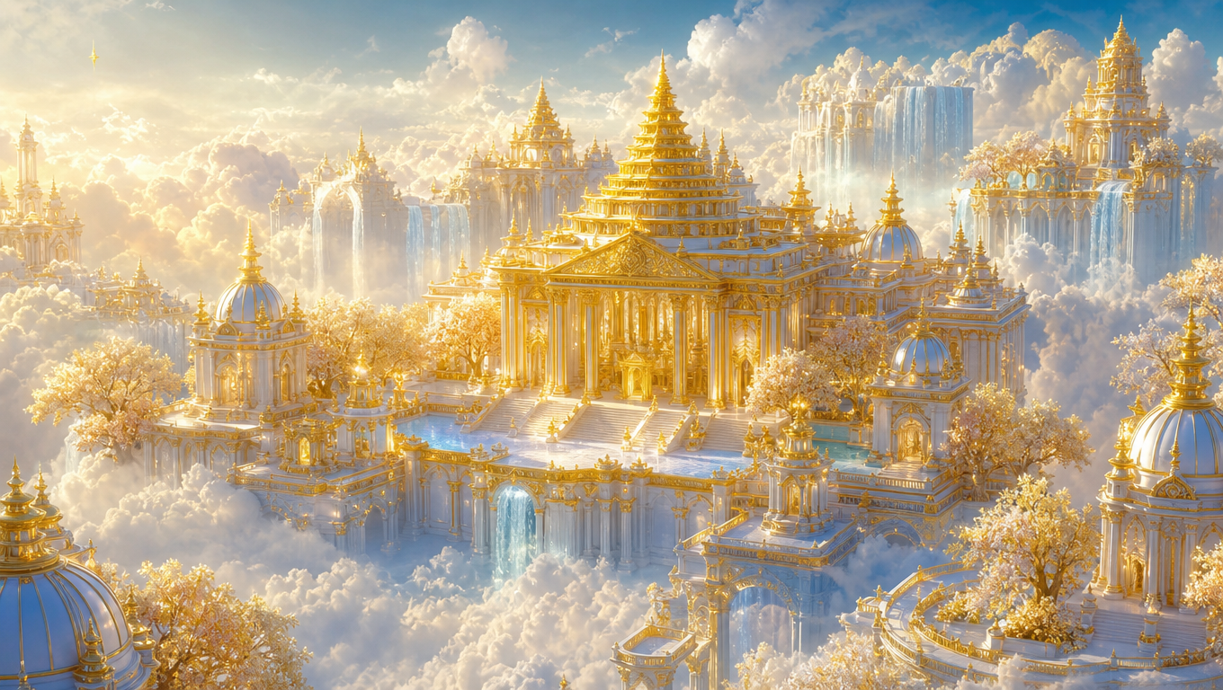 Imagined Swarg Lok, golden palaces with tiered spires and pearl domes standing on luminous cloud.