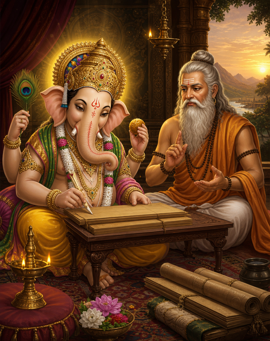 Devotional art of ganesha writing the mahabharata, ganesha seated as scribe with a broken tusk as his pen, writing on palm leaves while the sage vyasa dictates from the side, an oil lamp and scrolls around, a warm scholarly glow.