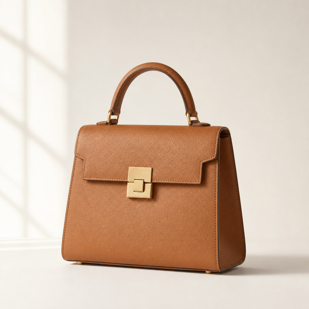 Structured tan leather handbag with a top handle and gold clasp standing on a warm white surface.