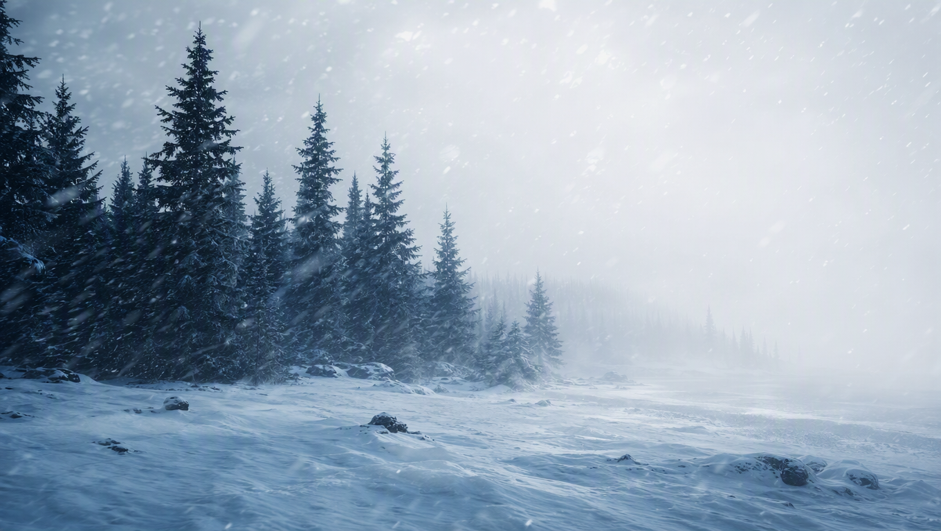 Snow Blizzard Through Pines