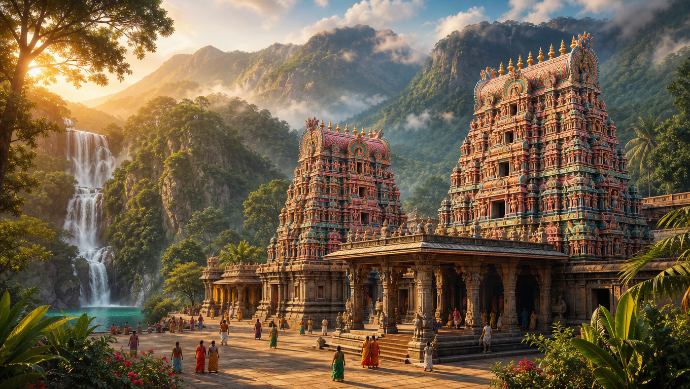 South Indian Temple with Waterfall